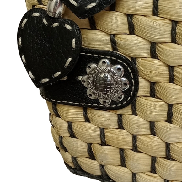 🌼 BRIGHTON TAN / NATURAL WICKER / STRAW BASKET BAG WITH BLACK LEATHER TRIM - Picture 3 of 16